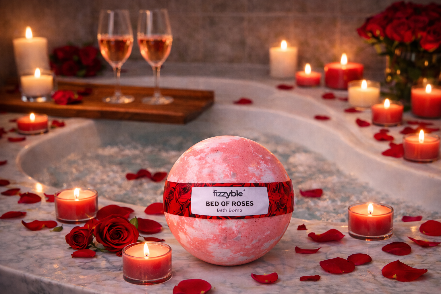 Fizzyble Valentine's Day bath bomb collection — colorful bath bombs arranged on a pink background